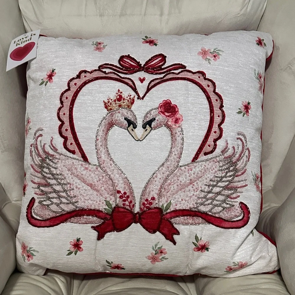 Elegant Swan Embroidered Pillow - White and Red - Picture 2 of 10